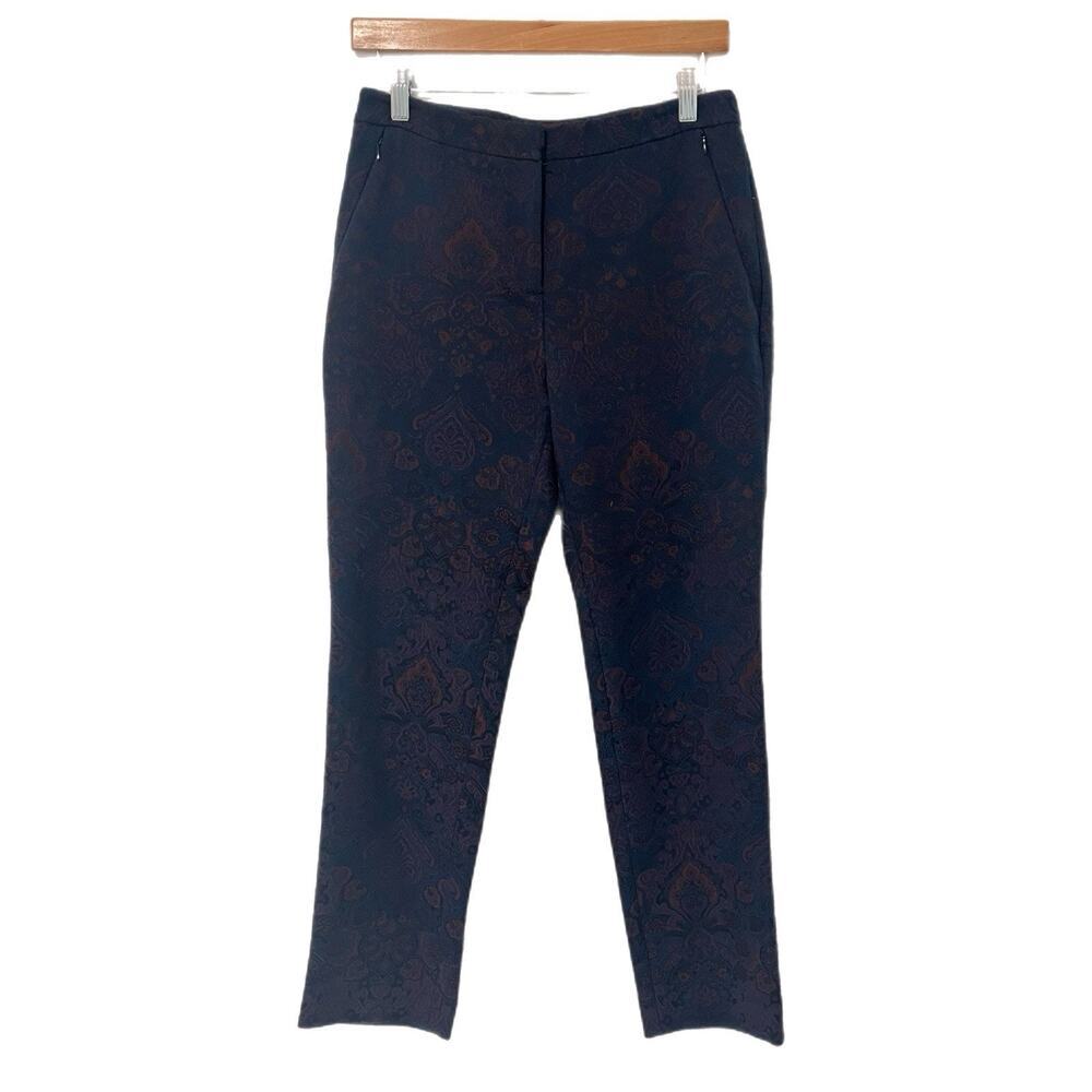 Kobi Halperin Pants Size 4 Jacquard Navy Burgundy Straight Leg Old Money Luxe